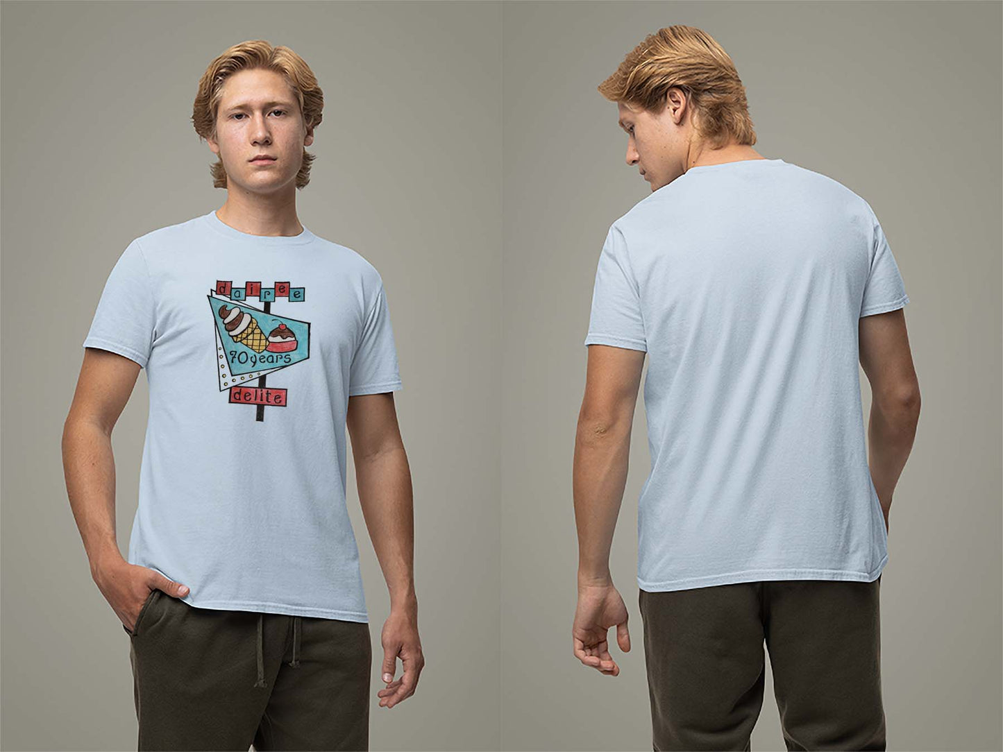 70th Anniversary Retro Sign T-Shirt Small Light Blue