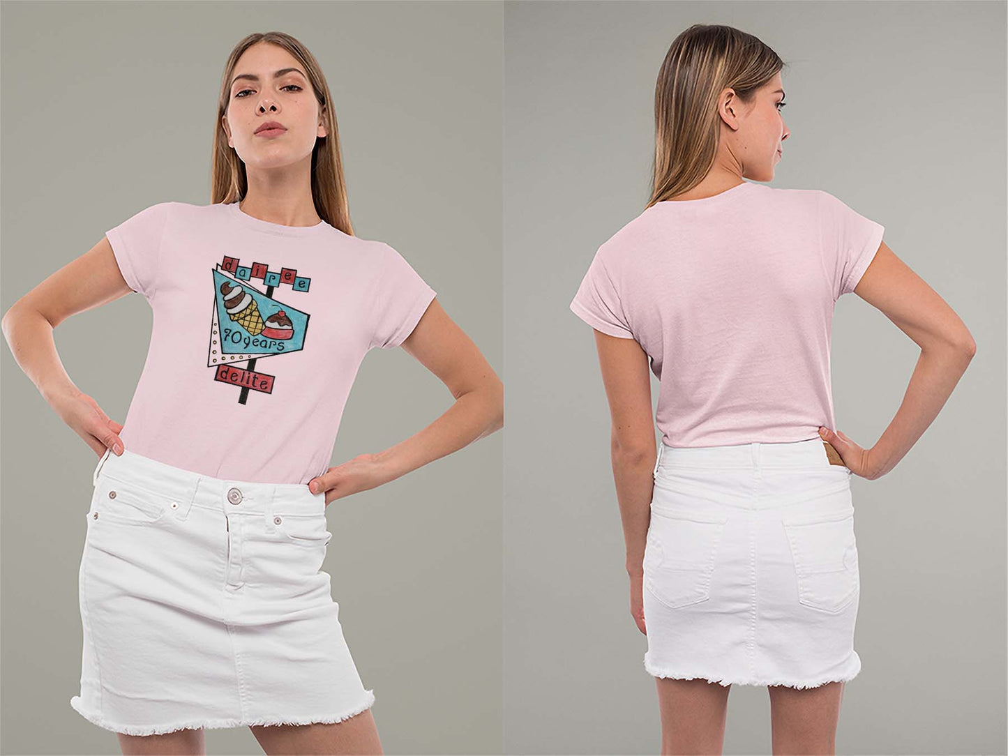 70th Anniversary Retro Sign Ladies Crew (Round) Neck Shirt Small Light Pink
