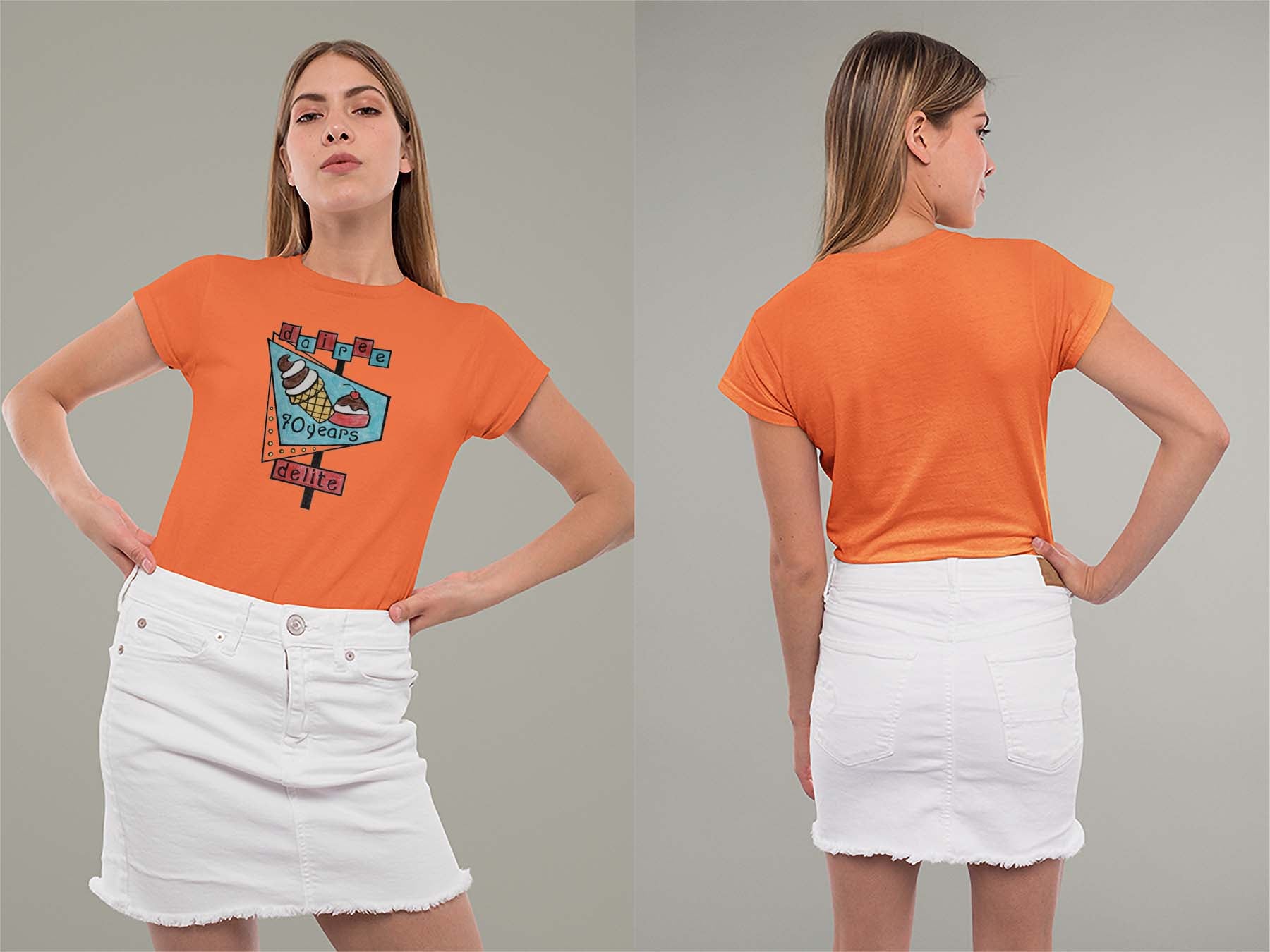 70th Anniversary Retro Sign Ladies Crew (Round) Neck Shirt Small Orange