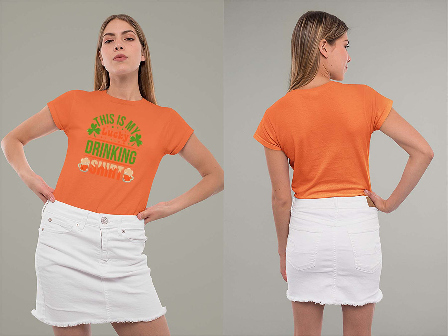 Lucky Drinking Shirt Ladies Crew (Round) Neck Shirt Small Orange