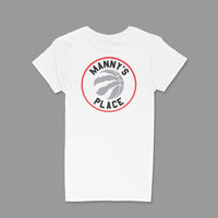 Brantford, Business, Fat Dave, Ladies Crew Neck Shirt, Logo, Manny's Place, White
