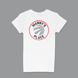 Brantford, Business, Fat Dave, Ladies Crew Neck Shirt, Logo, Manny's Place, White