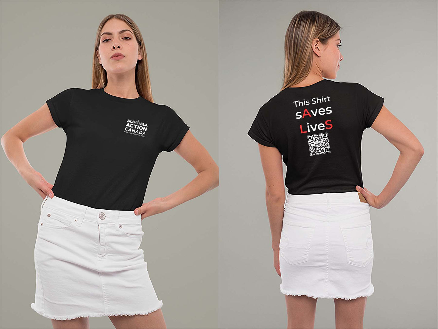ALS Action Canada Saves Lives Ladies Crew (Round) Neck Shirt Small Black
