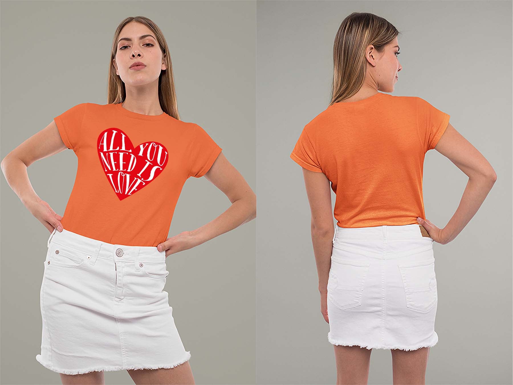 Fat Dave All You Need is Love Ladies Crew (Round) Neck Shirt Small Orange