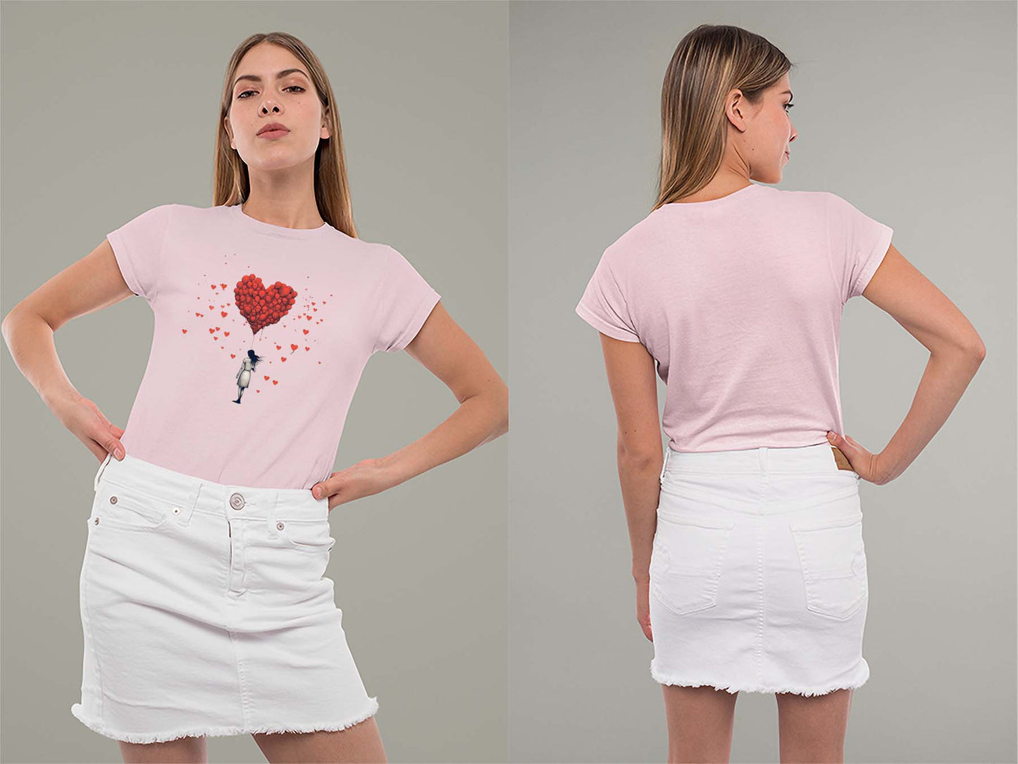 Fat Dave Balloon Hearts Ladies Crew (Round) Neck Shirt Small Light Pink