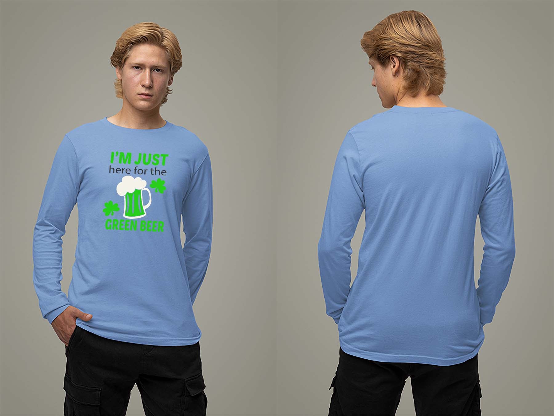 Fat Dave Just Here for the Green Beer Long Sleeve Small Carolina Blue