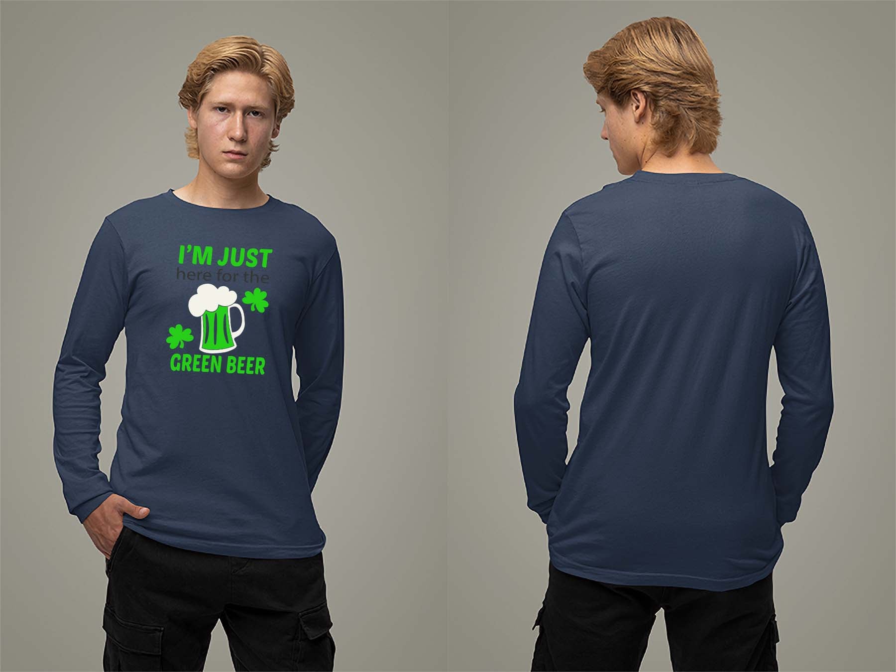Fat Dave Just Here for the Green Beer Long Sleeve Small Navy