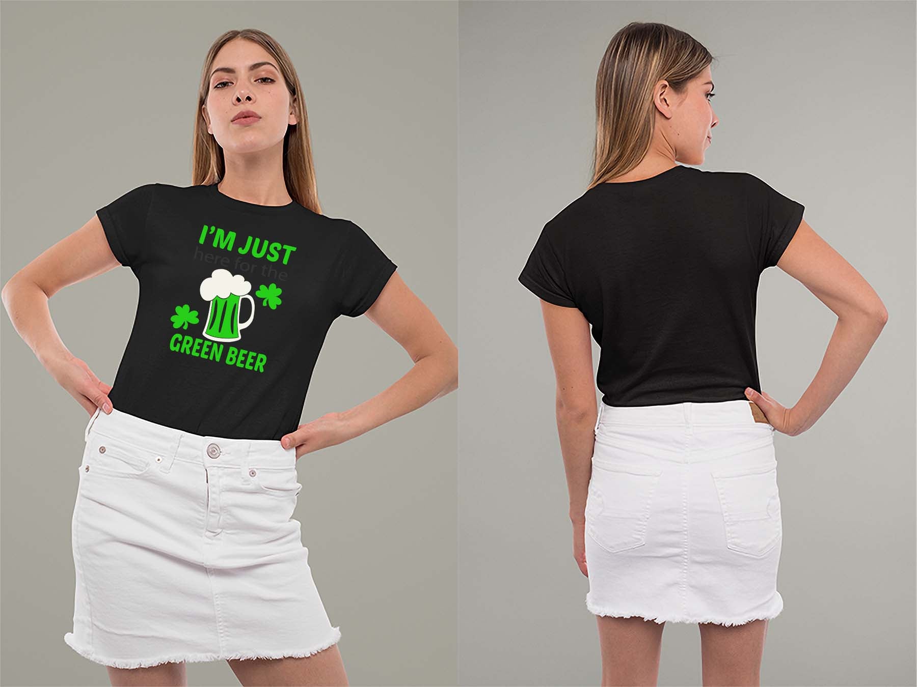 Fat Dave Just Here for the Green Beer Ladies Crew (Round) Neck Shirt Small Black