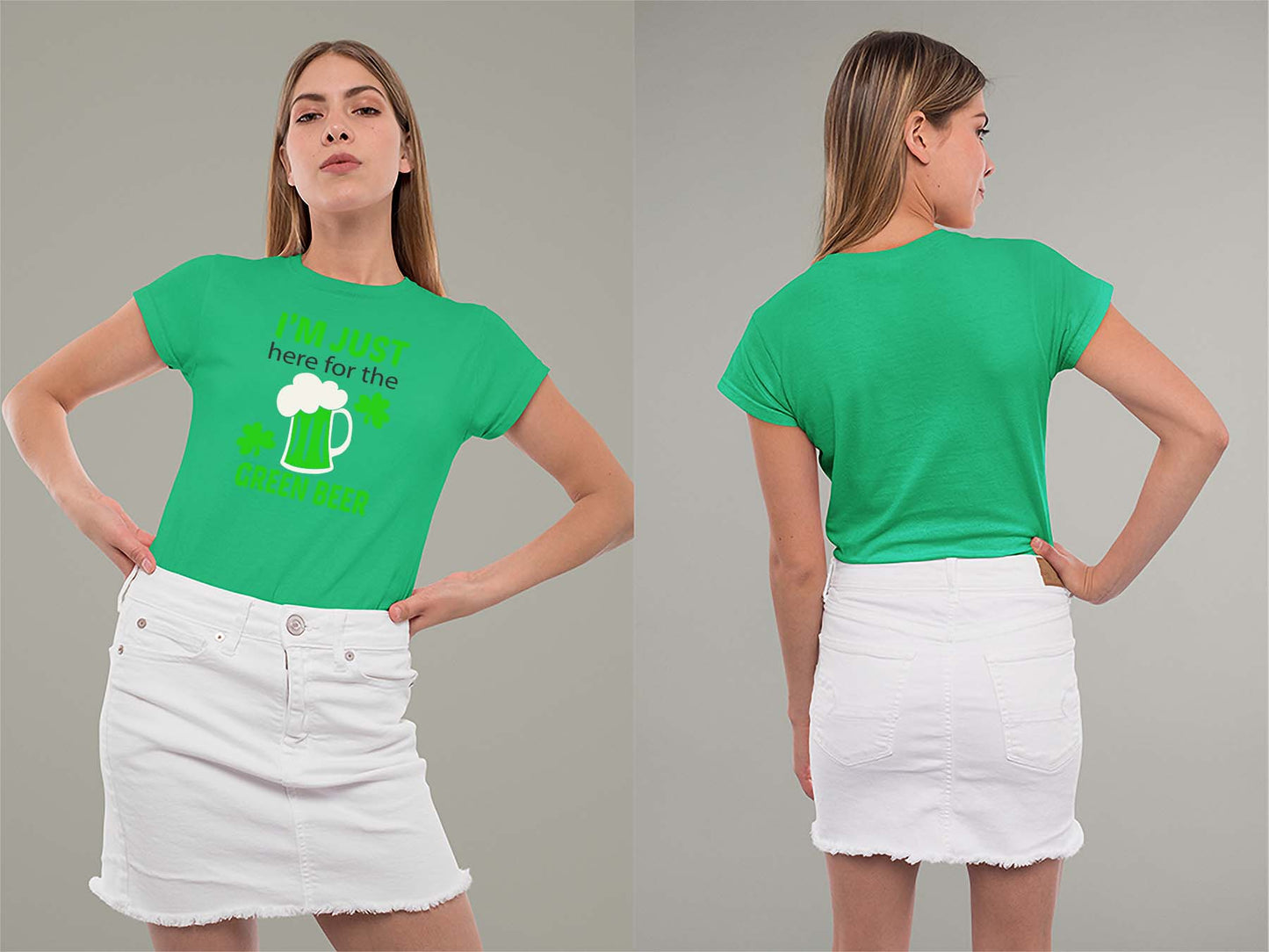 Fat Dave Just Here for the Green Beer Ladies Crew (Round) Neck Shirt Small Irish Green