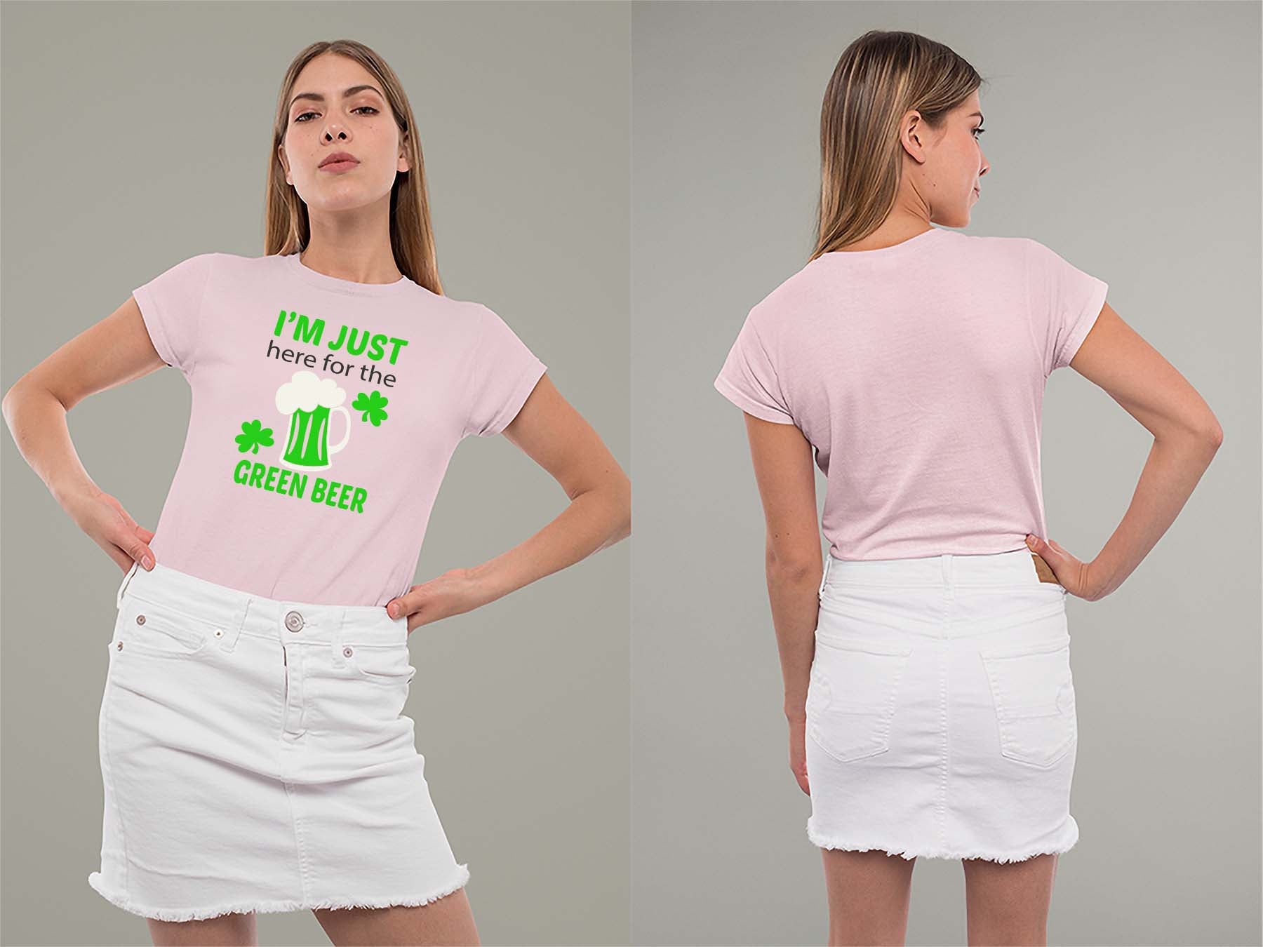 Fat Dave Just Here for the Green Beer Ladies Crew (Round) Neck Shirt Small Light Pink