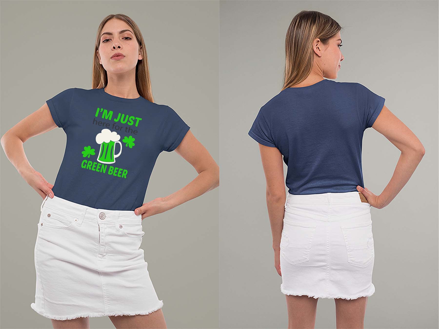 Fat Dave Just Here for the Green Beer Ladies Crew (Round) Neck Shirt Small Navy