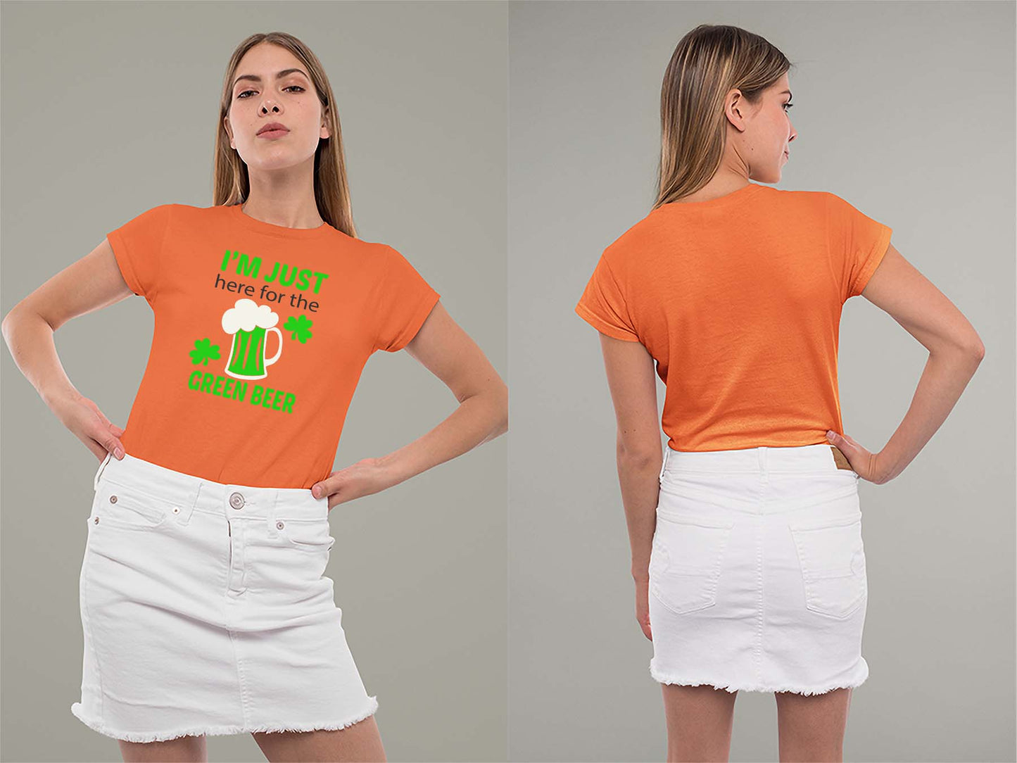 Fat Dave Just Here for the Green Beer Ladies Crew (Round) Neck Shirt Small Orange