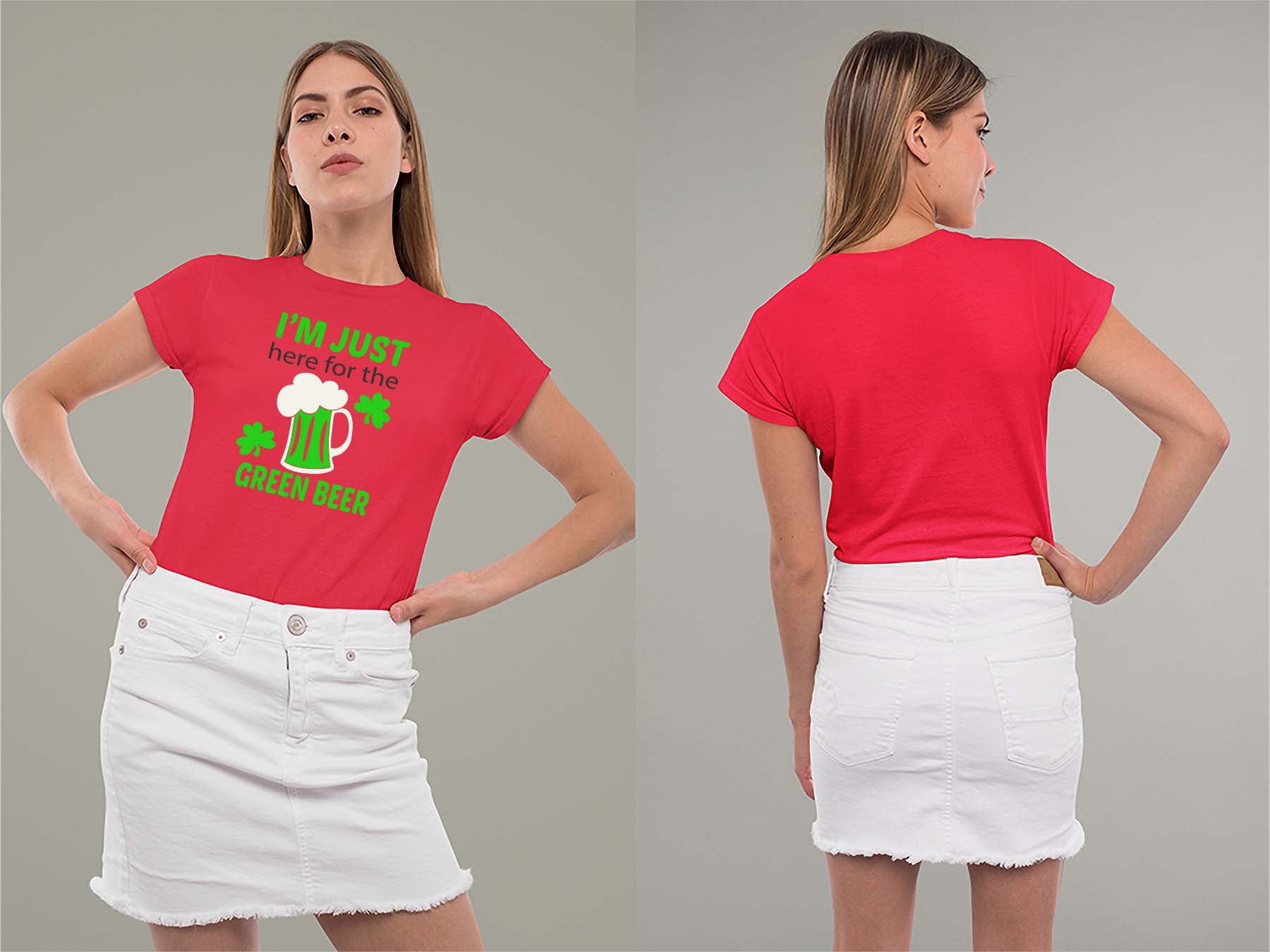 Fat Dave Just Here for the Green Beer Ladies Crew (Round) Neck Shirt Small Red