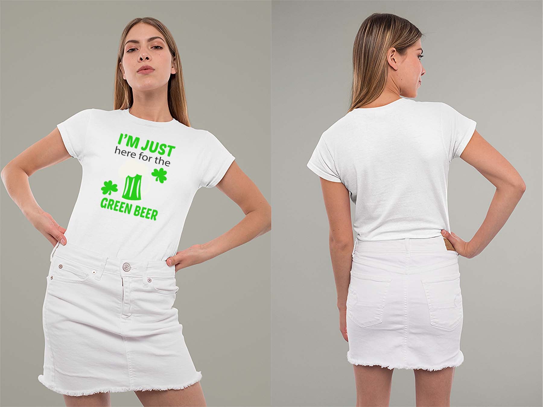 Fat Dave Just Here for the Green Beer Ladies Crew (Round) Neck Shirt Small White