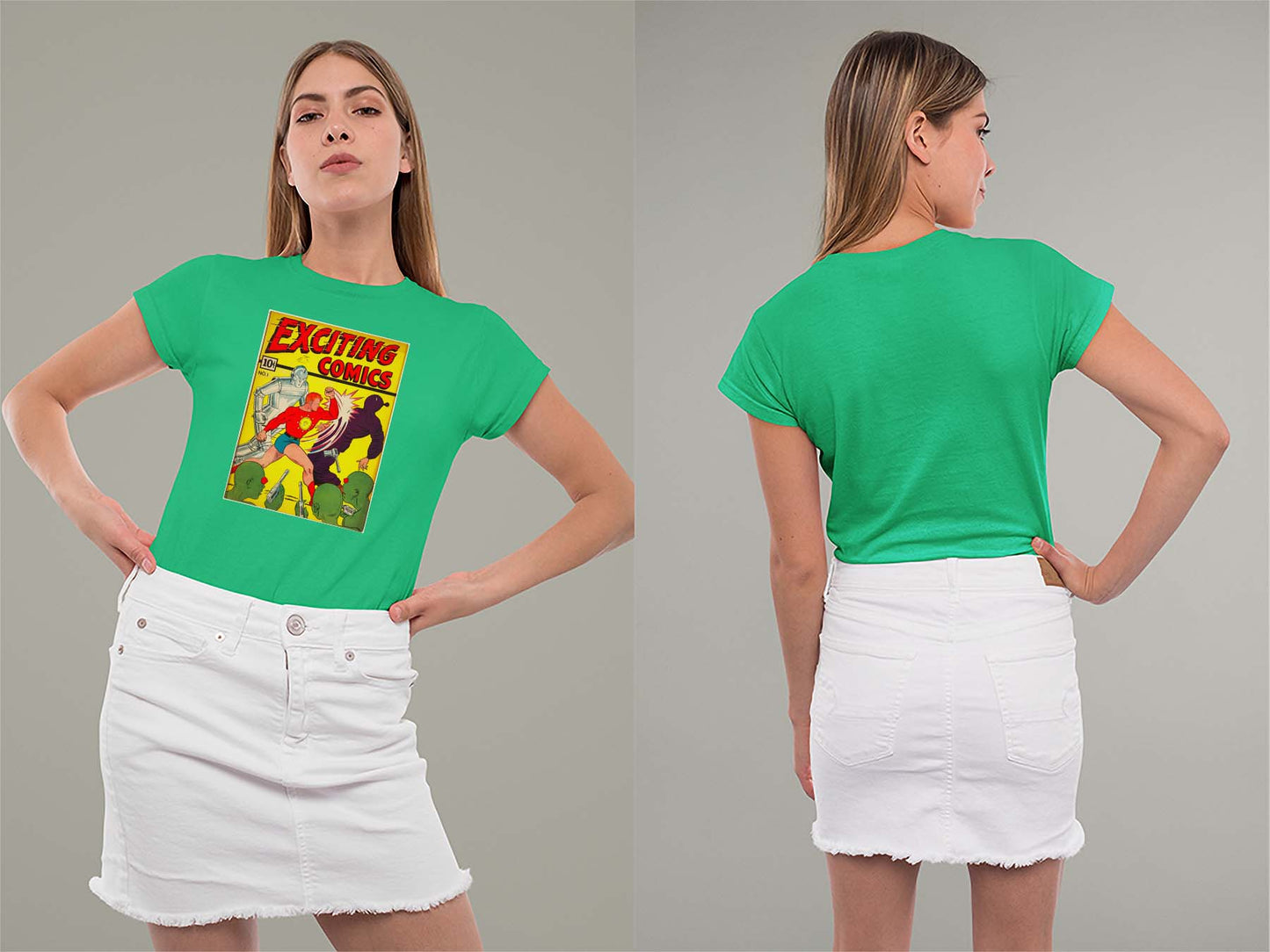 Exciting Comics No.1 Ladies Crew (Round) Neck Shirt Small Irish Green