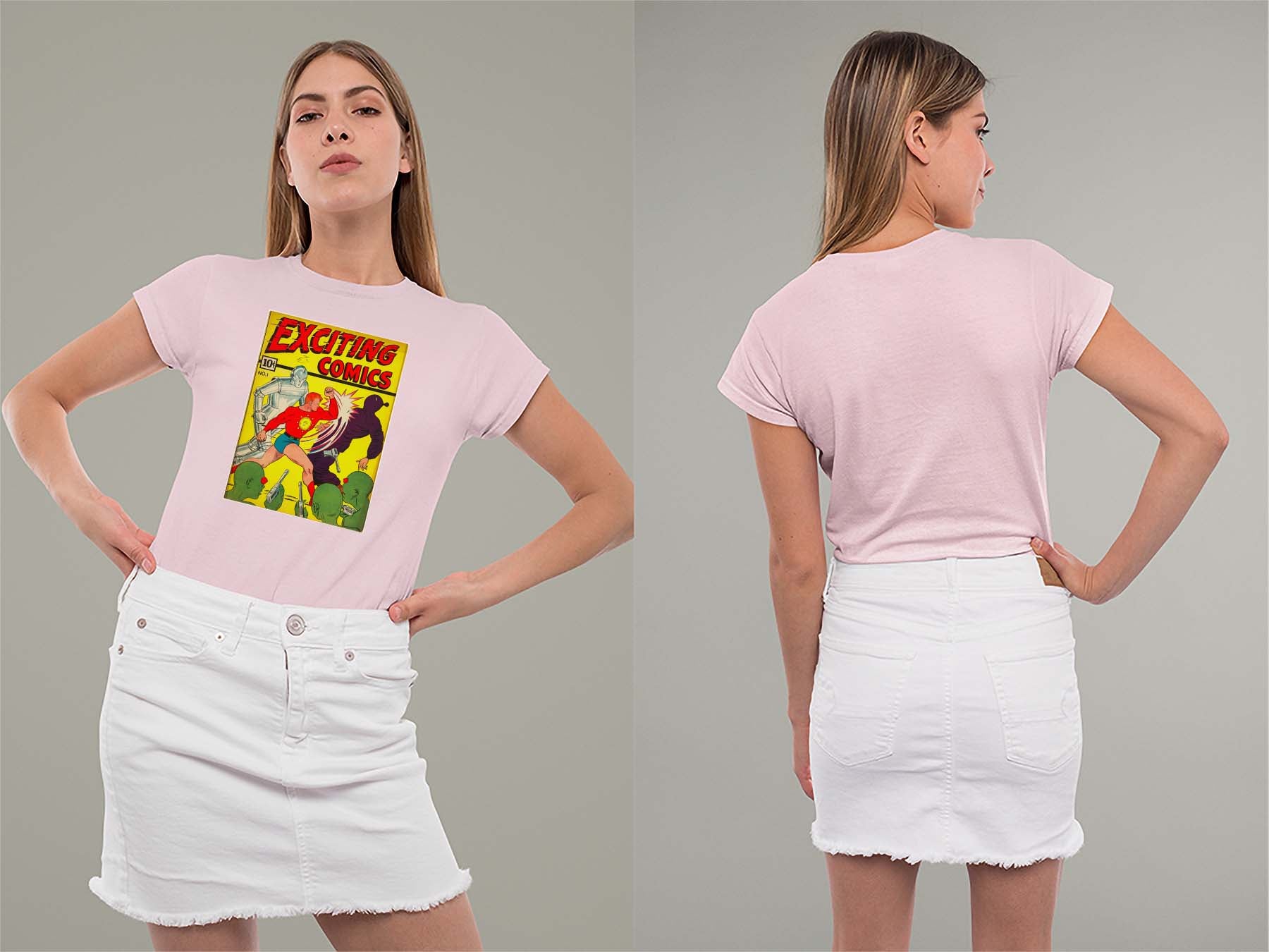 Exciting Comics No.1 Ladies Crew (Round) Neck Shirt Small Light Pink