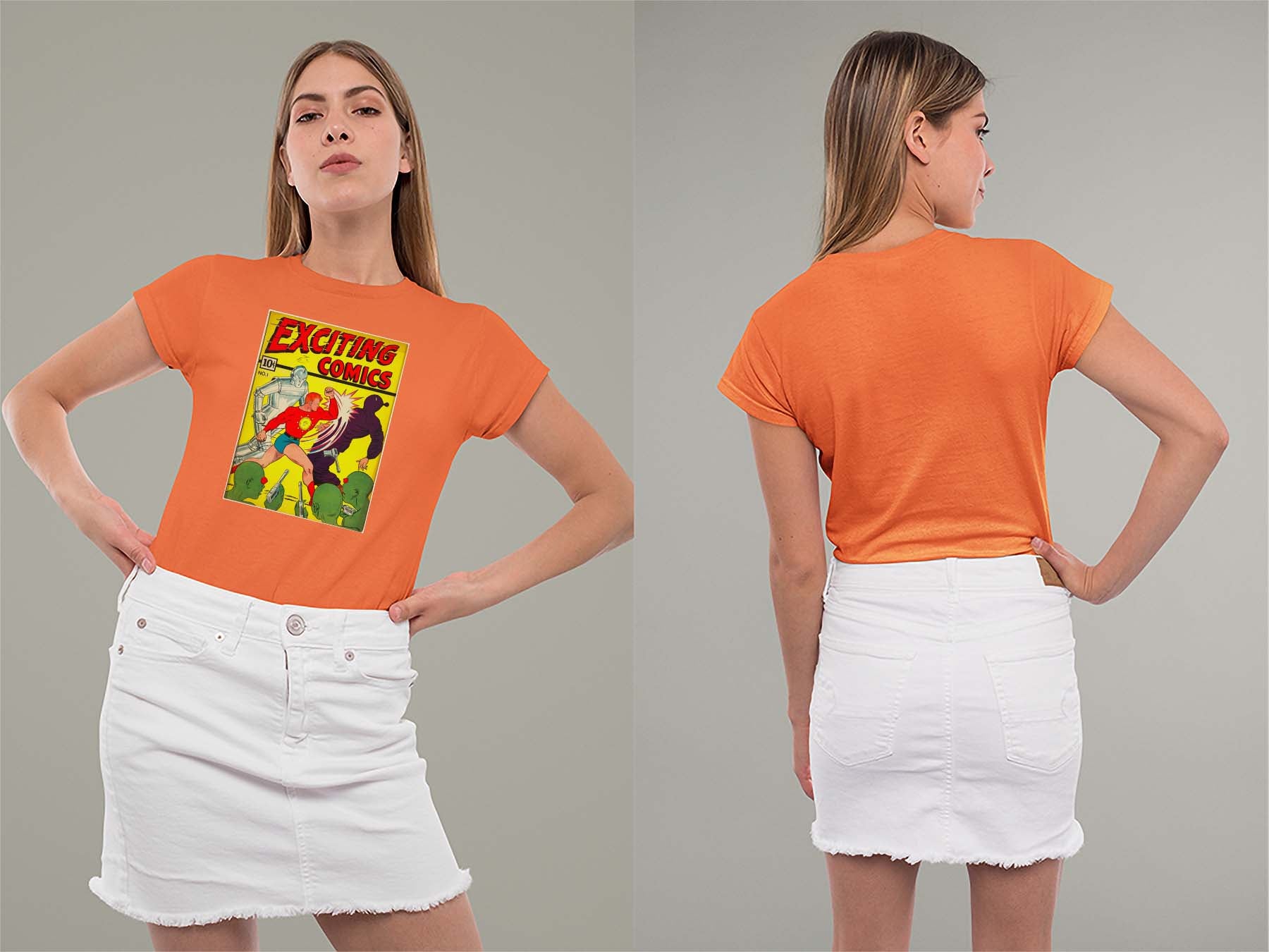 Exciting Comics No.1 Ladies Crew (Round) Neck Shirt Small Orange