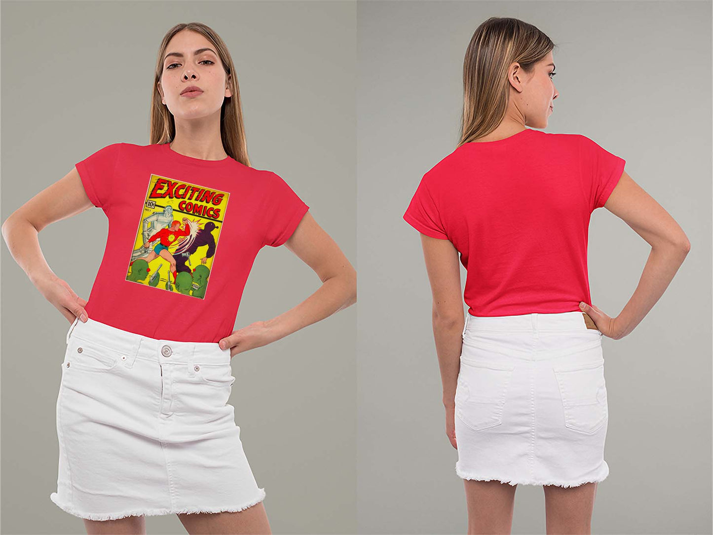 Exciting Comics No.1 Ladies Crew (Round) Neck Shirt Small Red