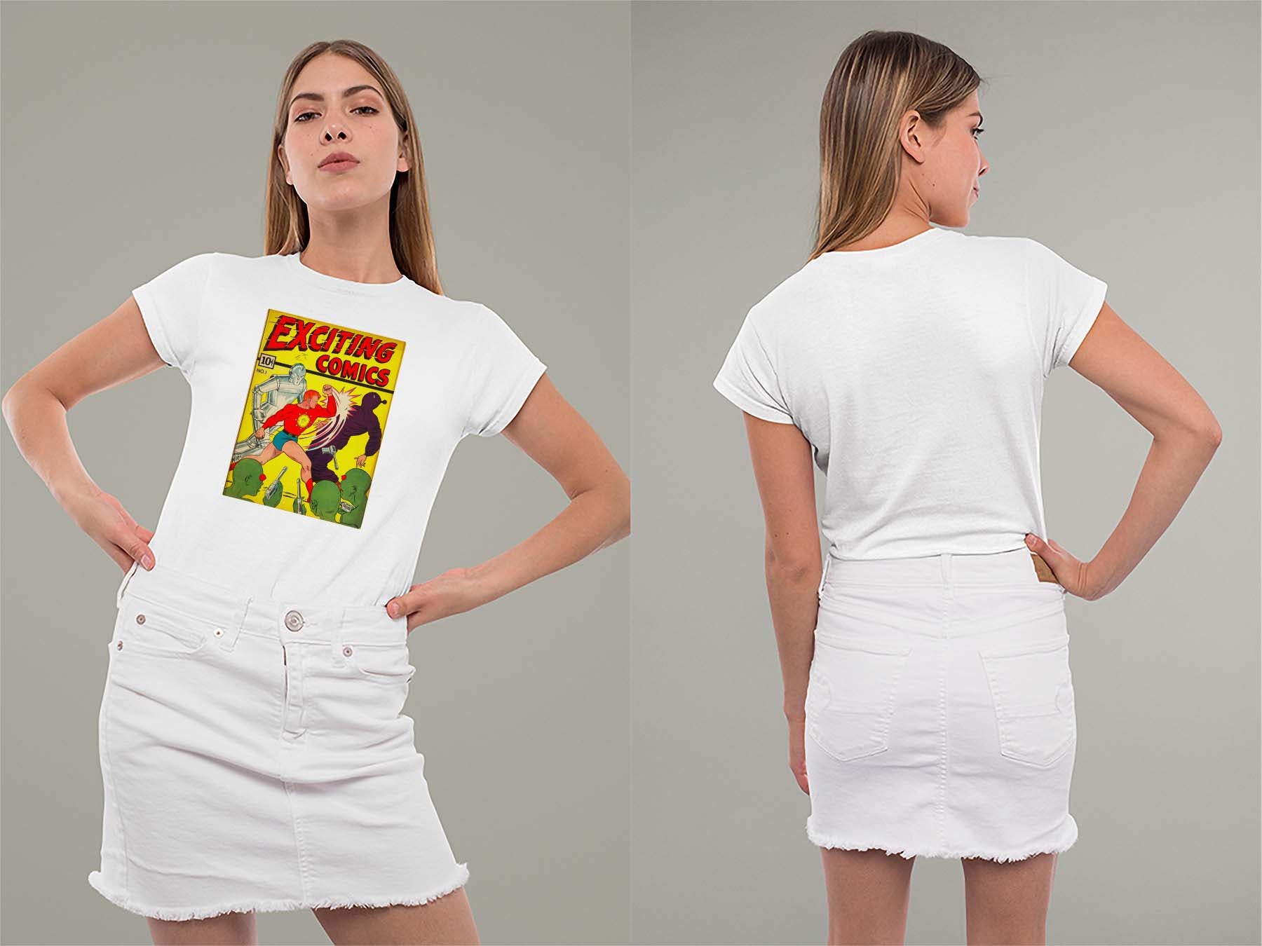 Exciting Comics No.1 Ladies Crew (Round) Neck Shirt Small White